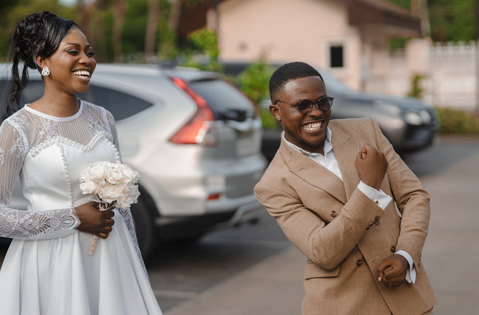 Happy bride and groom celebrating